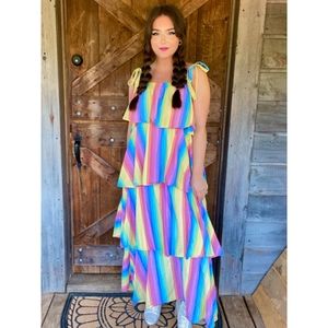 MDS Stripes Rainbow Tiered Dress Sz 6